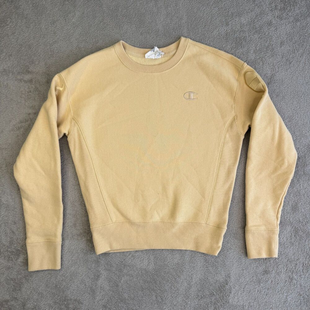 Champion Reverse Weave Sweatshirt Women XS Pale Yellow Embroidered Logo Pullover